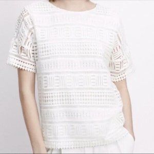 Vince Geometric Lace Crochet Top Short Sleeve Lined 100% Cotton White Women XS